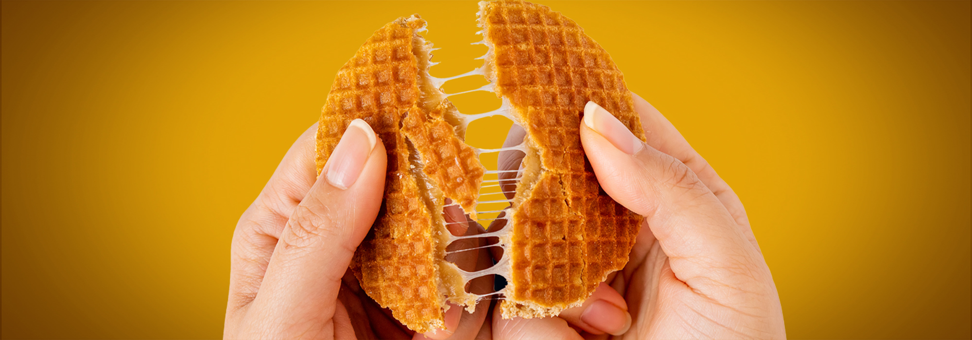 A person breaks a Stroopwafel in half and the warmed syrup filling stretches between the halves of the cookie.